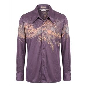 Vintage Nik Nik Purple Floral Graphic Disco Shirt 1970s Nylon Made in Italy L